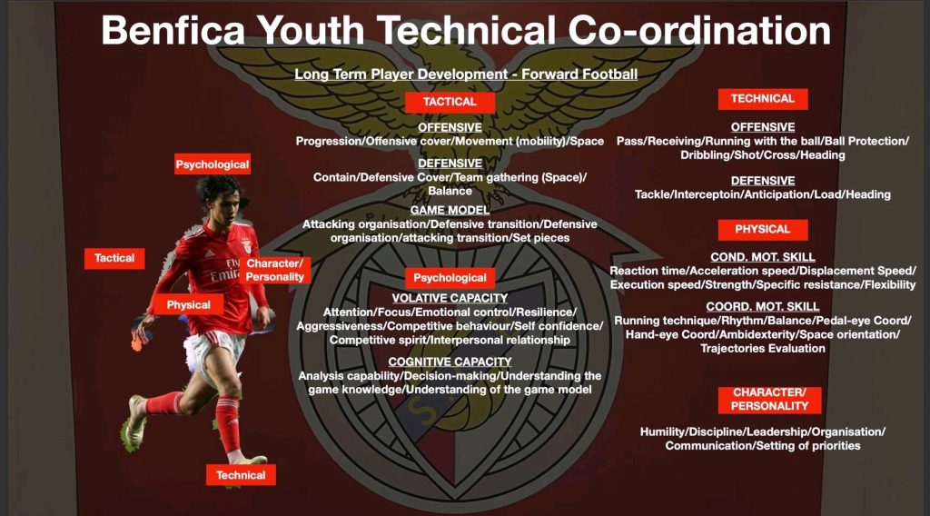 A visual guide outlining the Benfica Youth Football Development program, detailing technical, tactical, physical, and psychological training aspects.